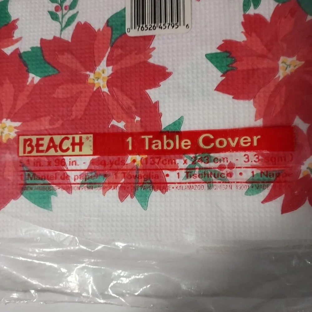 Table Cover Poinsette Paper  51" x 96" Plastic Back New Vintage Beach Brand - Picture 6 of 7